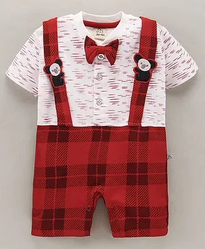 Jo&Bo Half Sleeves Shepherd Checked & Patched Mock Suspender Style Romper - Red