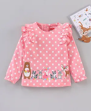 Babyhug Cotton Knit Full Sleeves Frill Detailing Top Polka Dots & Cartoon Animals Print - Pink