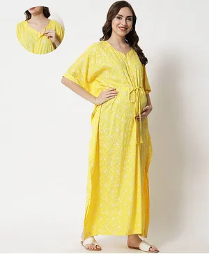 Aujjessa Half Sleeves Floral Printed Kaftan Style Maternity Feeding Dress - Yellow