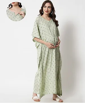 Aujjessa Half Sleeves Window Pane Checked & Polka Dots Printed Kaftan Style Maternity Feeding Dress - Pista Green