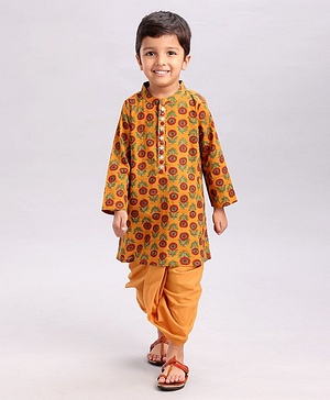 Babyhug Full Sleeves Kurta and Dhoti Set Flower Printed - Mustard