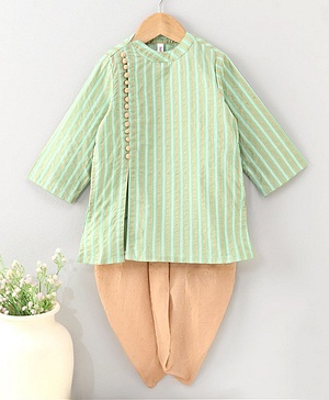 Babyhug Full Sleeves Cotton Kurta Dhoti Set Stripes Print- Green