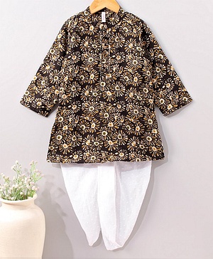 Babyhug Full Sleeves Cotton Kurta & Dhoti Set Floral Print- Charcoal