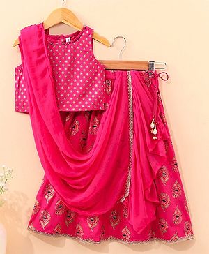 Babyhug Sleeveless Choli Lehenga And Dupatta Floral Print - Fuschia