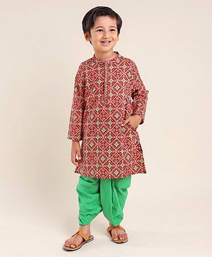 Babyhug 100% Cambric Full Sleeve Printed Kurta With Solid Dhoti Set - Rust & Green