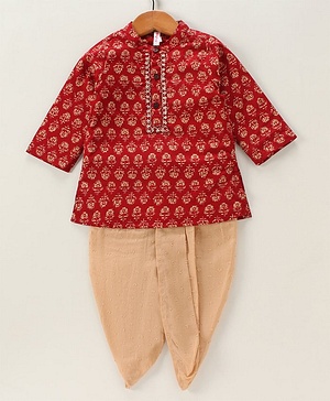 Babyhug Full Sleeves Kurta & Dhoti Floral Print - Red
