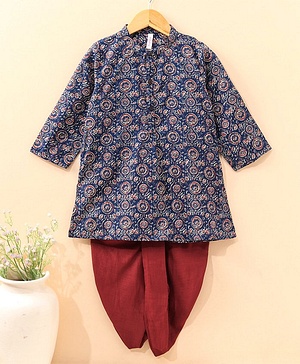 Babyhug Full Sleeves Kurta and Dhoti Set Printed - Dark Blue