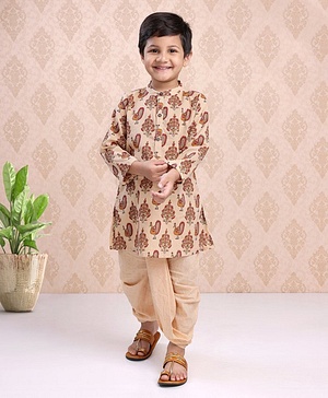 Babyhug Full Sleeves Kurta & Dhoti Peacock Print - Cream