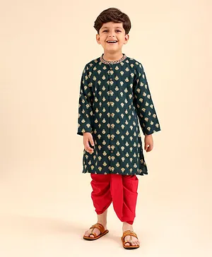 Babyhug Full Sleeves Cotton Printed Kurta & Solid Colour Dhoti Set- Green