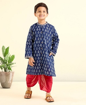 Babyhug Full Sleeves Tree Print Kurta and Dhoti Set - Indigo