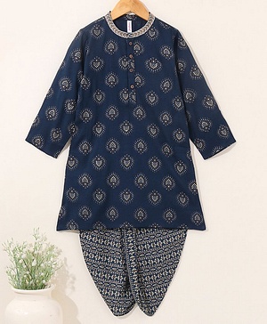 Babyhug Full Sleeves Kurta and Dhoti Set Block Print - Navy