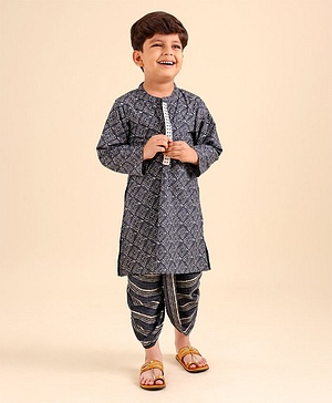 Babyhug Full Sleeves Cotton Kurta & Dhoti Set Printed- Steel Grey