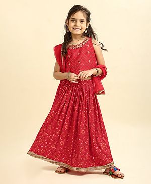 Babyhug Woven Sleeveless Choli & Lehenga Set with Dupatta Embellished & Printed - Red