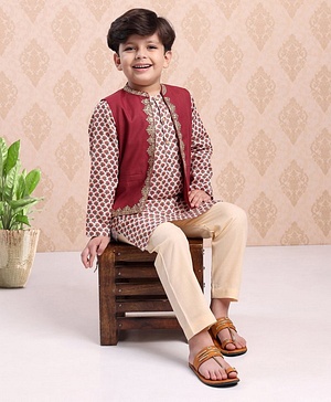 Babyhug Full Sleeves Cotton Kurta & Pyjama Set With Waistcoat Printed- Beige