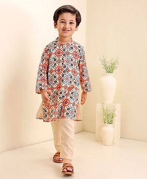 Babyhug Full Sleeves Kurta Pyjama Set Printed - Cream