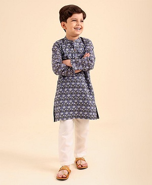 Babyhug Cotton Woven Full Sleeves Kurta & Pajama Set Floral Print - Grey