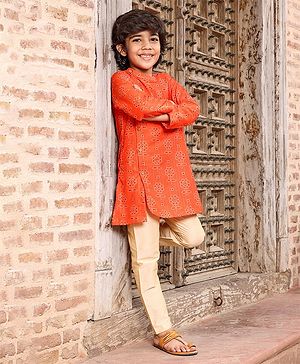 Babyhug Full Sleeves Kurta and Pyjama Set Flower Print - Orange