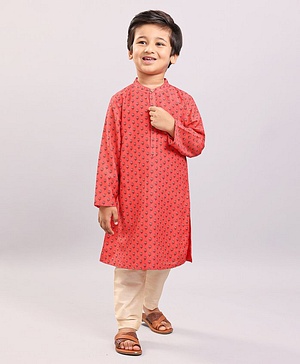 Babyhug Cotton Muslin Full Sleeve Floral Printed Kurta Pyjama Set - Coral