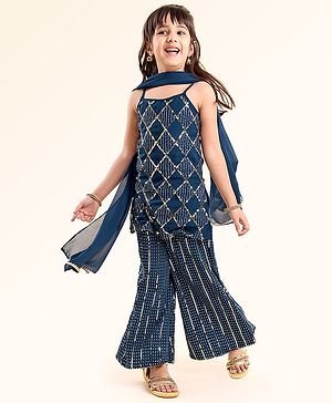 Babyhug Singlet Kurti & Sharara with Dupatta Sequins Detailing - Blue