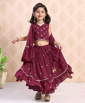 Babyhug Sleeveless Choli & Lehenga With Dupatta Sequin Detailing - Dark Red