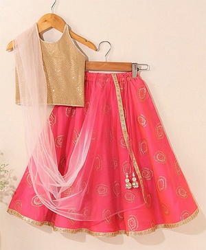 Babyhug Woven Sleeveless Choli & Lehenga With Dupatta Embellished Embroidery- Pink