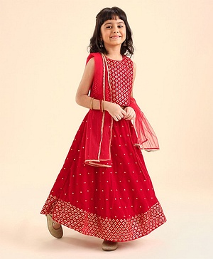 Babyhug Woven Sleeveless Embroidery Choli Lehenga With Dupatta - Red