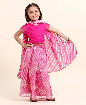 Babyhug Half Sleeves Choli Lehenga And Dupatta With Lehriya Print- Pink