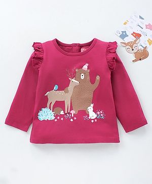 Babyhug Full Sleeves Top with Animal Graphics and Frill Detailing - Maroon
