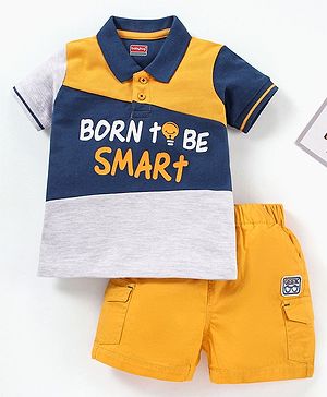Babyhug Cotton Half Sleeves T-Shirt & Shorts Set Text Print With Patch- Multicolor Yellow