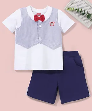 Babyhug Cotton Half Sleeves T-Shirt with Attached Waistcoat & Bow & Shorts Stripes Print - White & Blue