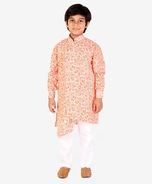 P-MARK Full Sleeves All Over Intricate Floral Vines Print Asymmetrical Style Kurta & Solid Pajama Set - Orange