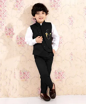Alles Marche 3 Piece Full Sleeves Solid Brooch Detail Party Suit With Shirt Waistcoat And Trousers - Black