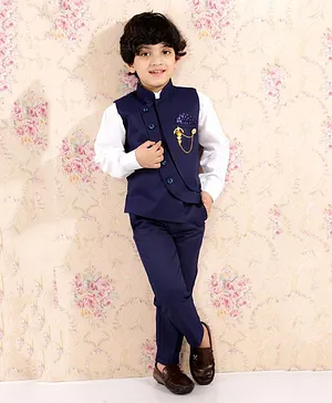 Alles Marche 3 Piece Full Sleeves Solid Brooch Detail Party Suit With Shirt Waistcoat And Trousers - Navy Blue