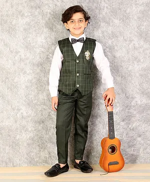 Alles Marche 3 Piece Full Sleeves Bow Detail Party Suit With Solid Shirt Checkered Waistcoat And Trousers - Bottle Green
