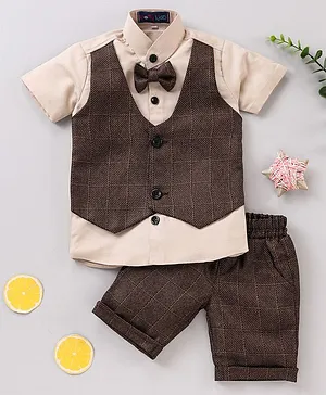 Knotty Kids Half Sleeves Checked Self Design Three Piece Party Suit - Brown