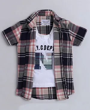 Polka Tots Half Sleeve Chequered Shirt With Attached Patch Detail Tee - Pink