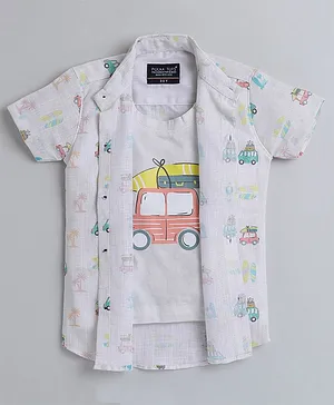 Polka Tots Half Sleeves Journey Theme Print Shirt With Attached Tee - White