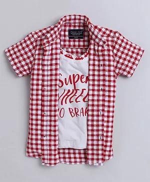 Polka Tots Half Sleeves Checked Shirt With Attached Tee - Red