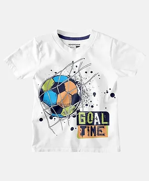 Bonkids100% Cotton Half Sleeves Goal Time Football Printed Tee - White