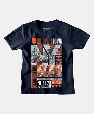 Bonkids Half Sleeves City Themed Downtown Manhattan Chest Printed Tee - Black