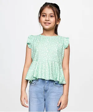 AND Girl Cap Frill Sleeves All Ove Flower Printed Paplum Top - Sage Green