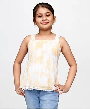 AND Girl Sleeveless Lace Trim Detailing Marble Print Smocked Top - Yellow