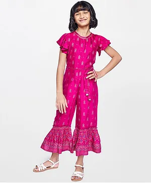 Global Desi Girl Short Frilled Sleeves All Over Motif Print Jumpsuit - Dark Pink