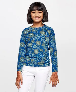 Global Desi Girl Full Sleeves Floral Printed Top - Blue
