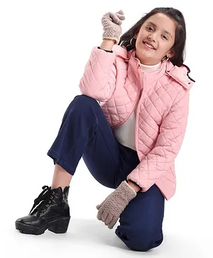 Pine Kids Full Sleeves Solid Padded Jacket With Detachable Hoodie - Pink