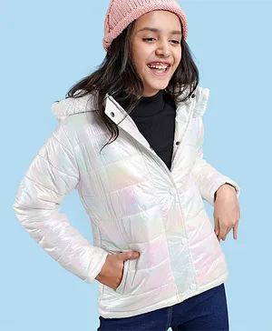 Pine Kids Full Sleeves Hooded Padded Jacket with Holographic Print for Moderate Winter - Multicolour