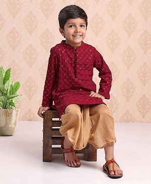 Babyhug Full Sleeves Woven Embroidered Kurta & Dhoti Set - Maroon
