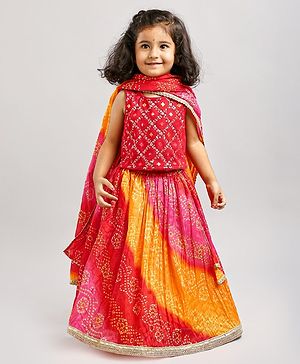 Babyhug Woven Sleeveless Bandhani Print Choli Lehenga With Dupatta - Red