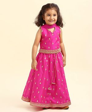 Babyhug Woven Sleeveless Embroidery Choli Lehenga With Dupatta - Dark Pink