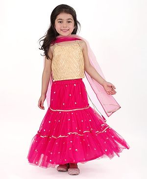 Babyhug Singlet Sleeves Woven Sequinned Lehenga & Choli Set With Dupatta - Fuchsia Pink